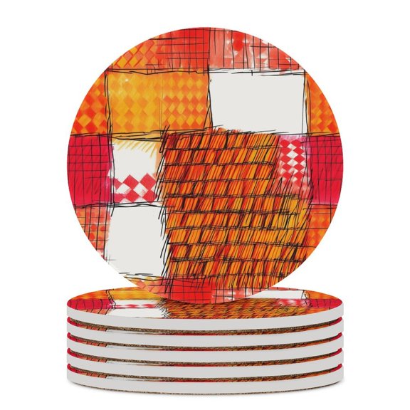 6PCS Round Ceramic Coaster 4.1in Cork Bottom Suitable For Water Mug Coffee Mug White Wine Mug Easy To Clean Prevent Table Wear And Scratch OrangeRed Houndstooth Checkered Hand-drawn Sketch_2