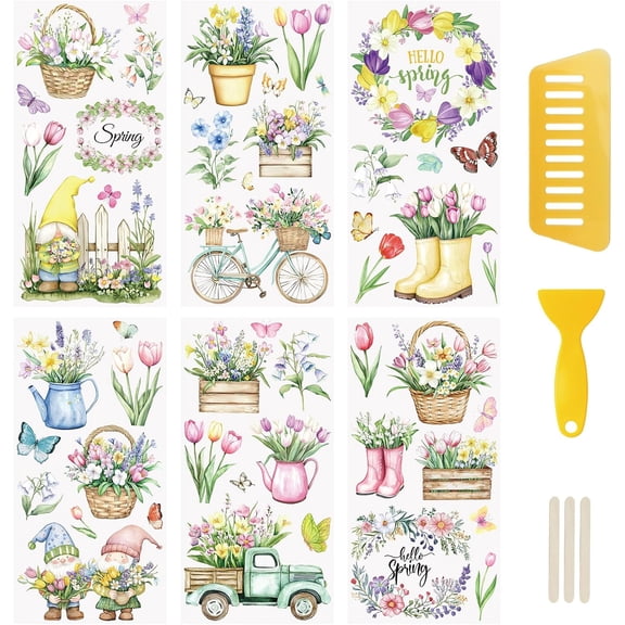 6PCS Rub On Transfer Stickers,Spring Flowers Transfer Decals Colorful Spring Elements Stickers for Furniture and Scrapbooking,15 * 30cm