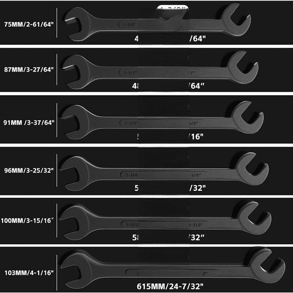 6PCS SAE 1 3/8" to 2" Black-Oxide Jumbo Angle Wrench Set, Large Big Wrench Set, 15 & 60 Angled Heads, High Carbon Steel & Storage Bag for Heavy-Duty Mechanics & Automotive, & Truck