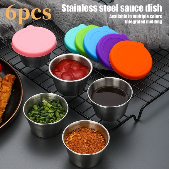 6PCS Salad Dressing Containers With Lids, Small Leakproof Reusable Stainless Steel Salad Dressing Storage Box, Portable Sauces Cup for Lunch Boxes, Picnic, Travel, Kitchen