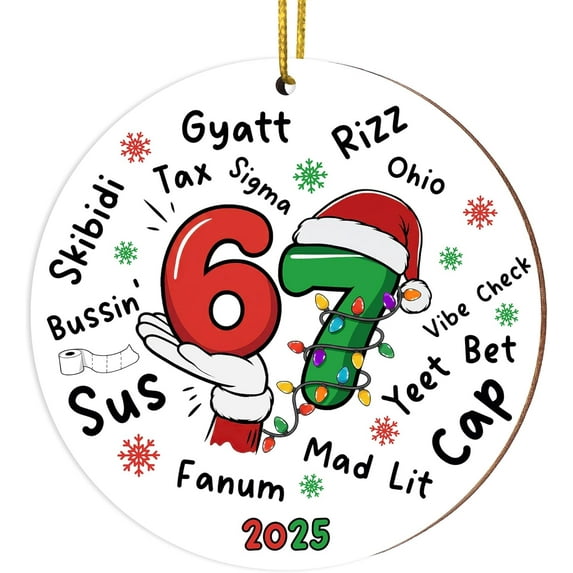 6PCS Santa Says Six Seven Christmas Ornament 2025, Funny 67 Meme Ornament, Funny Christmas Ornaments 2025, Santa Ornaments for Christmas Tree, Stocking Stuffers for Teens (Circle 67)