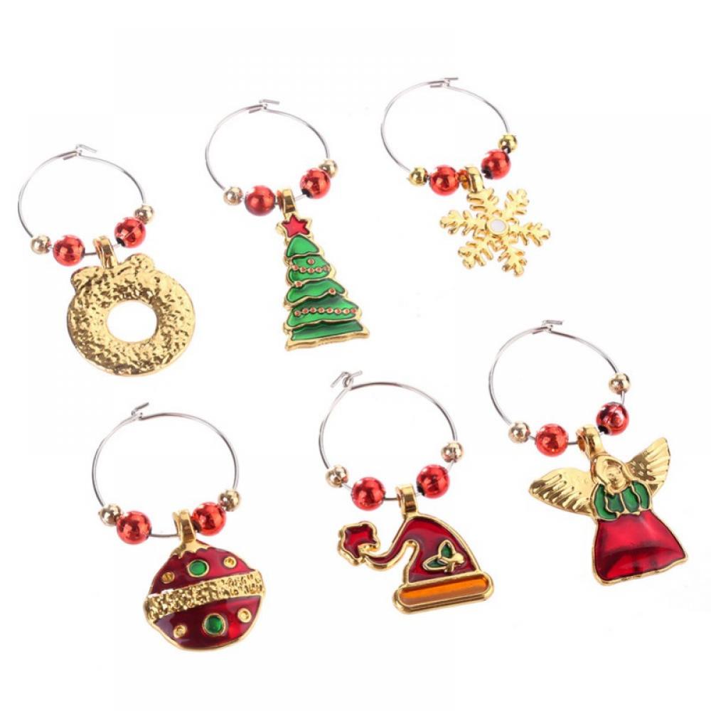 6PCS/Set Christmas Wine Glass Charms Assorted Enamel Charm Pendant Wine Glass Charm Rings Christmas Bells Gold Beads Red Green Beads for Xmas Wine Glass Markers DIY Making Jewelry - image 1 of 6