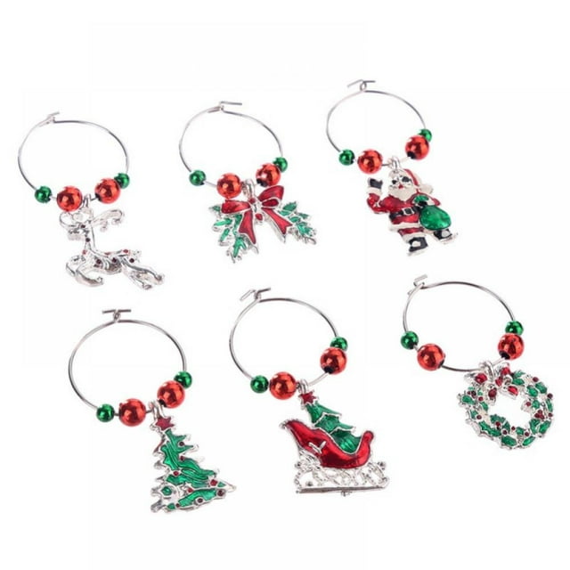 6PCS/Set Christmas Wine Glass Charms Assorted Enamel Charm Pendant Wine Glass Charm Rings Christmas Bells Gold Beads Red Green Beads for Xmas Wine Glass Markers DIY Making Jewelry
