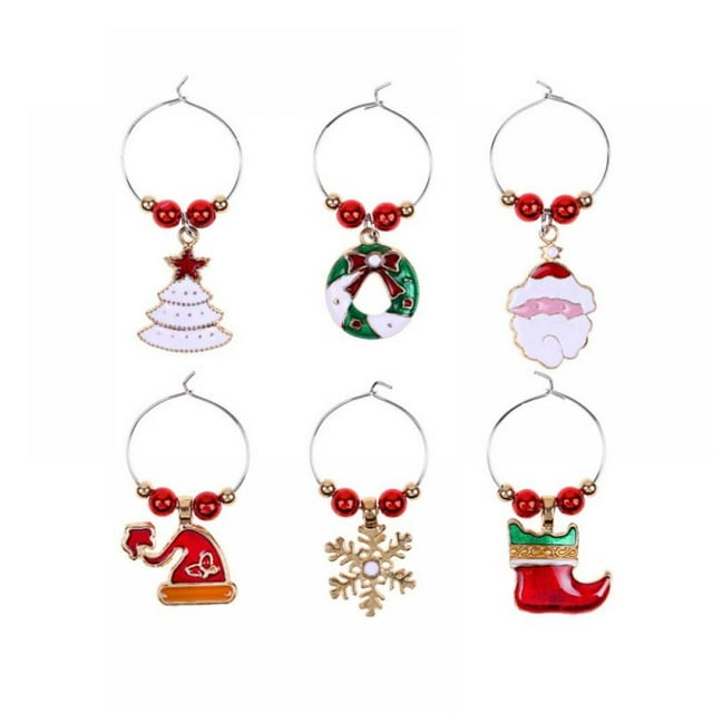 6PCS/Set Christmas Wine Glass Charms Assorted Enamel Charm Pendant Wine Glass Charm Rings Christmas Bells Gold Beads Red Green Beads for Xmas Wine Glass Markers DIY Making Jewelry