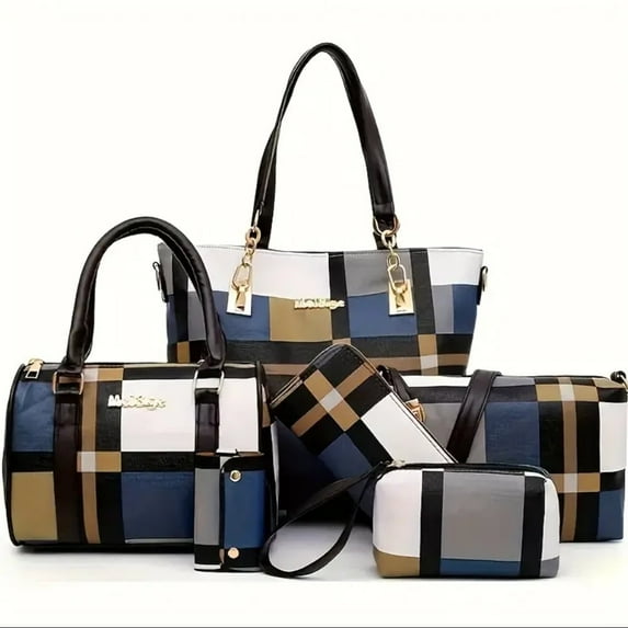 6PCS/Set Leather Handbags, Womens Handbags Tote Bags Shoulder Bag Purses Satchel Bag Top-Handle Handbag Crossbody Bag Wallet Clutch, Blue