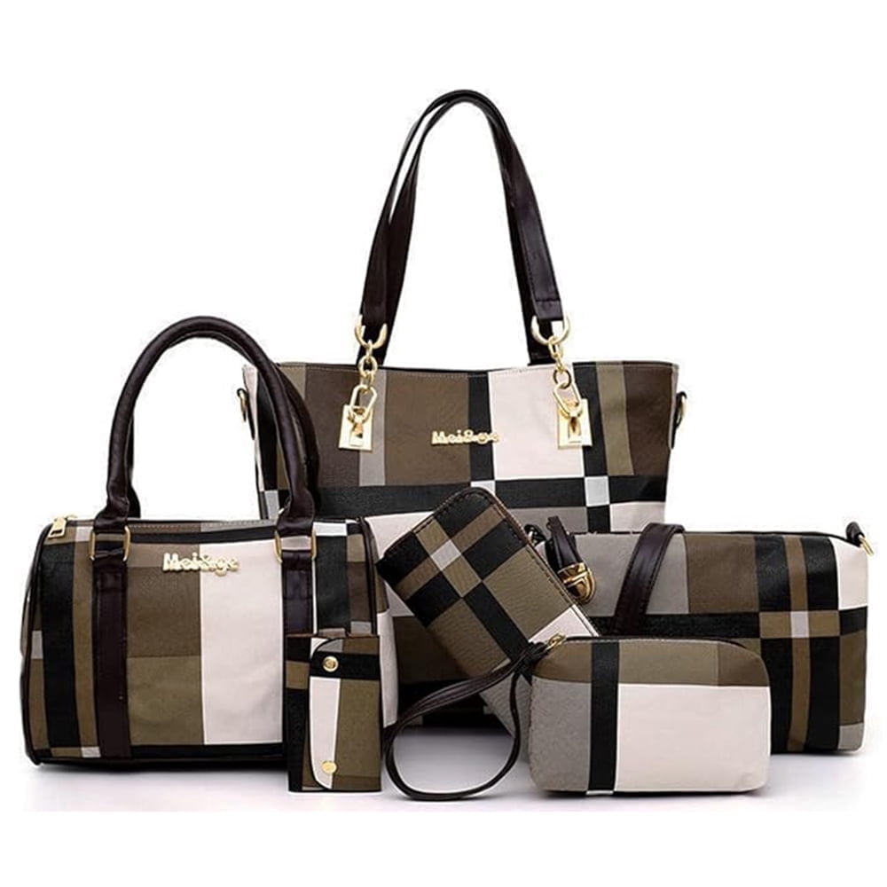 6PCS/Set Leather Handbags, Womens Handbags Tote Bags Shoulder Bag Purses Satchel Bag Top-Handle Handbag Crossbody Bag Wallet Clutch, Brown