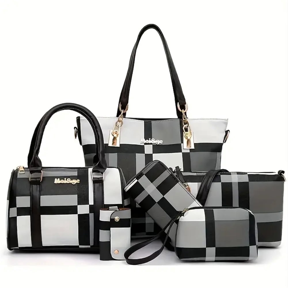 6PCS/Set Leather Handbags, Womens Handbags Tote Bags Shoulder Bag Purses Satchel Bag Top-Handle Handbag Crossbody Bag Wallet Clutch, Gray