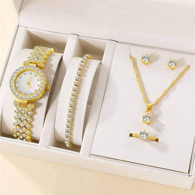 6PCS Set Luxury Watch Women Ring Necklace Earring Rhinestone