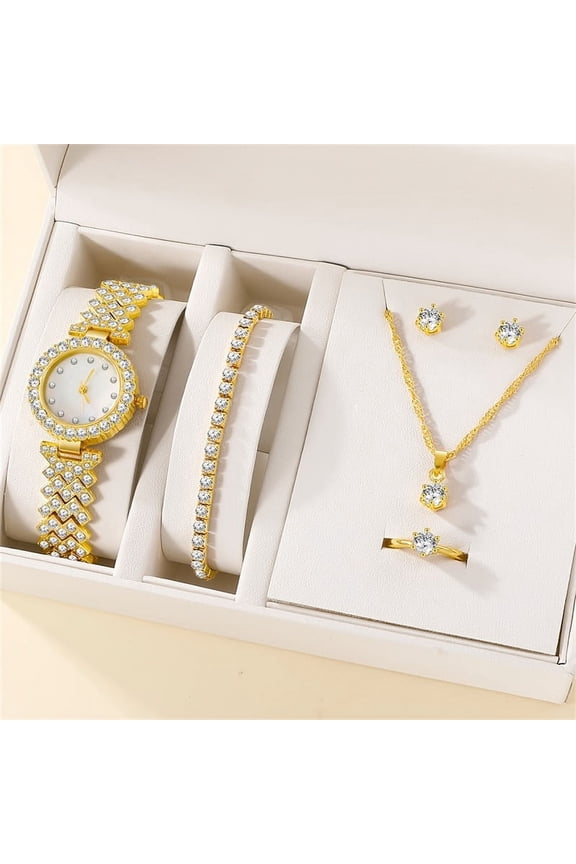 6PCS Set Luxury Watch Women Ring Necklace Earring Rhinestone Fashion Wristwatch Casual Ladies Watches Bracelet Set Clock