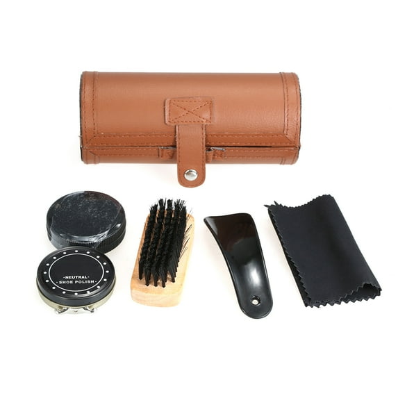 6PCS Shoe Polish Care Kit Leather Shoe Shine Set Shoe Brushes Compact Shoe Cleaning Kit with PU Leather Case Brown