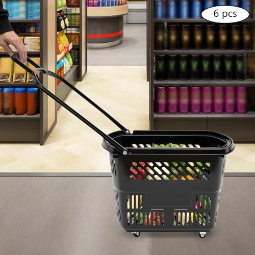 6PCS Shopping Cart, 35L/9.2gal Portable Plastic Rolling Shopping Basket with Wheels and Handles, 110lbs Capacity Grocery Basket Shopping Basket Set for Supermarkets, Retail Stores,
