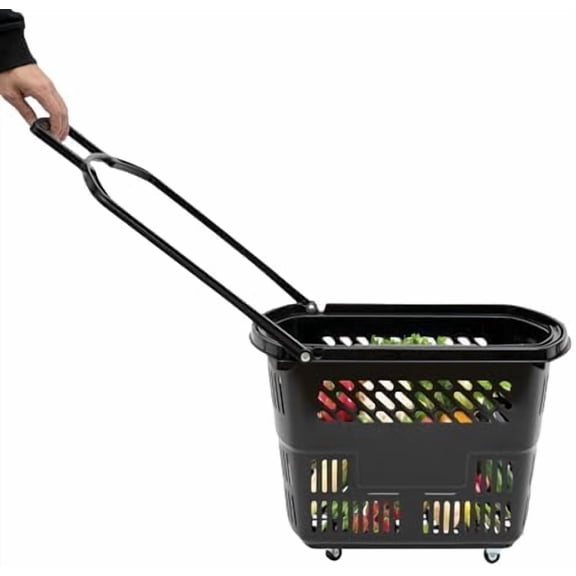 6PCS Shopping Carts, 35L/9.2gal Plastic Rolling Shopping Basket with Wheels and Handle, Portable Reusable Black Shopping Basket Set for Supermarket Retail Shop Book Store Laundry