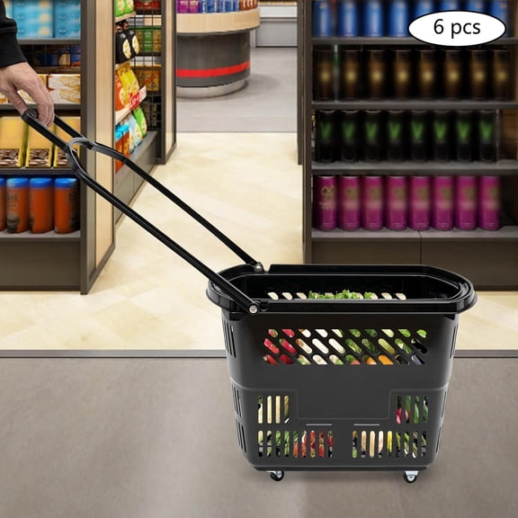 6PCS Shopping Carts with Handles, 35L Plastic Rolling Shopping Baskets with Wheels, Portable Stackable Grocery Cart Set for Supermarkets, Retail Stores, Warehouse, Black$$Tools & Hardware Other