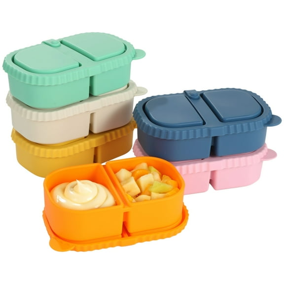6PCS Silicone Double Compartment Snack Containers, 5.9 x 3.7 x 1.6 in Mini Food Snack Boxes, Sauce Seasoning Containers with Lids, 8.12oz, Reusable & Portable