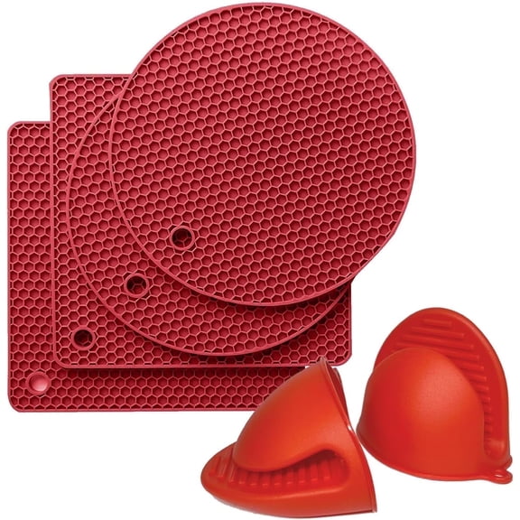 HEETLY All-Silicone Kitchen Set with Pinch Mitts & Pot Holders, 6-Piece, 446°F Heat Resistant Trivets for Cooking, Red