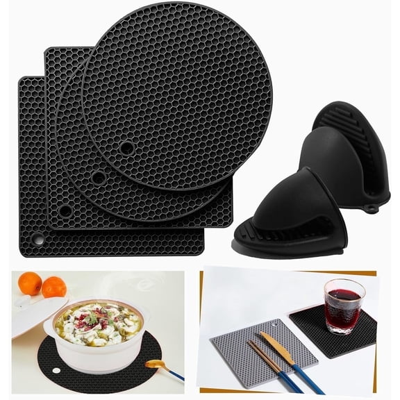 HEETLY All-Silicone Kitchen Set with Pinch Mitts & Pot Holders, 6-Piece, 446°F Heat Resistant Trivets for Cooking, Black