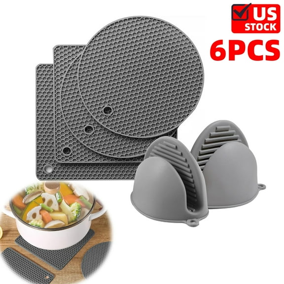 6PCS Silicone Oven Mitts and Pot Holders Sets - 2 x Pot Holders for Kitchen Heat Resistant, 2 x Silicone Trivet for Hot Dishes, 2 x Non-Slip Mini Oven Gloves