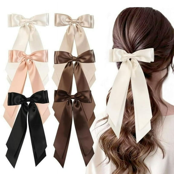 6PCS Silky Satin Hair Bows, Bow Hair Clips with Long Tail, Hair Ribbon Ponytail Holder Accessories, Alligator Metal Clips Hair Bows for Women Girls Toddler Teens Kids Gifts