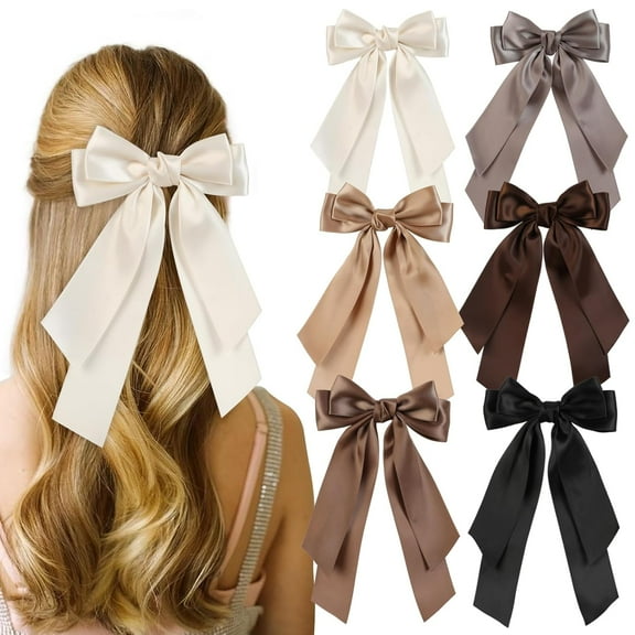 6PCS Silky Satin Hair Bows Hair Clips for Women Girls, Hair Ribbon with Long Tail Bowknot, Hair Clips Hair Barrettes with Bow Accessories for Teens Kids