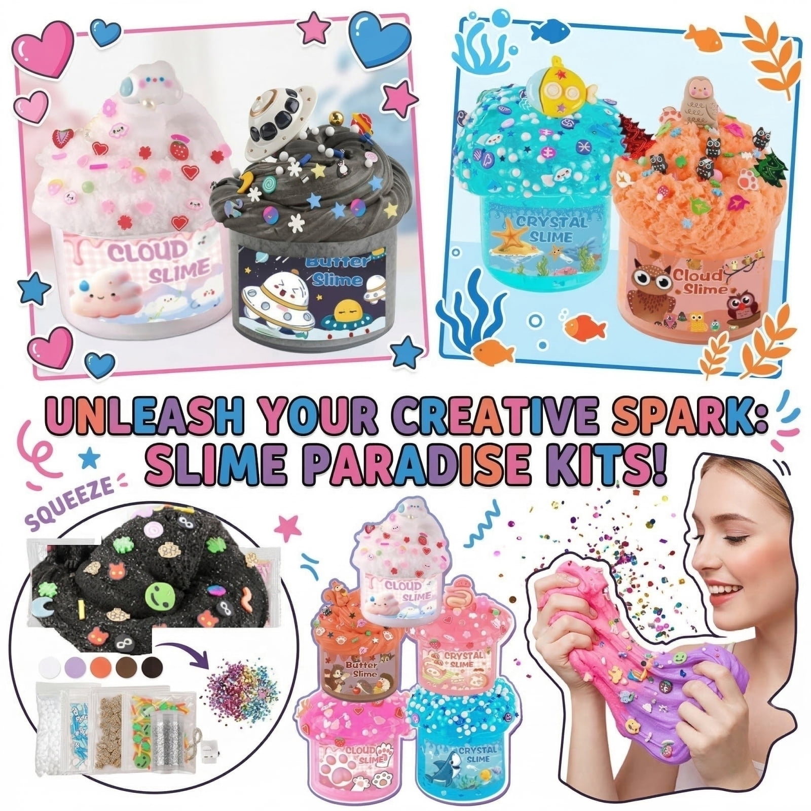 6PCS Slime Paradise Kit – Variety Pack with Cloud, Crystal & Butter Slime, DIY Sensory Set with Charms