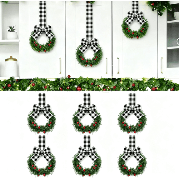 6PCS Small Christmas Kitchen Cabinet Wreaths with Ribbon,5.91 Inch Mini Wreath with Linen Ribbon Bow Berry, Small Christmas Wreath Kitchen Window Door Fireplace Decor, Xmas Holiday Hanging Ornament