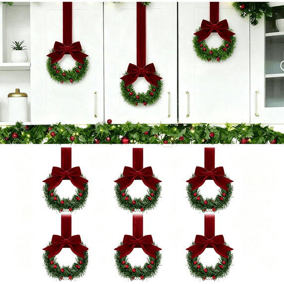 6PCS Small Christmas Kitchen Cabinet Wreaths with Ribbon,5.91 Inch Mini Wreath with Velvet Ribbon Bow Berry, Small Christmas Wreath Kitchen Window Door Fireplace Decor, Xmas Holiday Hanging Ornament