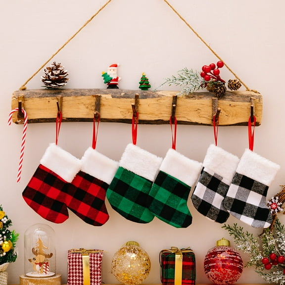 6PCS Small Christmas Stockings Mini Xmas Buffalo Plaid Stocking Holiday Stocking with Plush Cuff Christmas Tree Ornaments