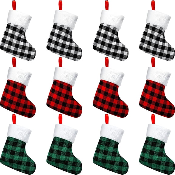 6PCS Small Christmas Stockings Mini Xmas Buffalo Plaid Stocking Holiday Stocking with Plush Cuff Christmas Tree Ornaments