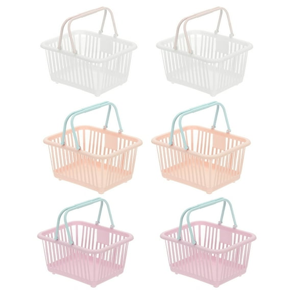 6PCS Small Plastic Basket,Mini Storage Basket Grocery Tiny Shopping Baskets with Handles Organizer Filtered Water for Organizing Toys Eggs Fruits Veggies Snacks,White Pink Purple