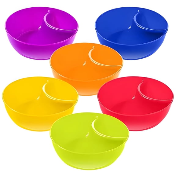 6PCS Snack and Dip Bowls, Chips Serving Bowls, Plastic Divided Bowls for Sauces, Microwave and Dishwasher Safe, Multicolor Design, Great for Kitchen and Parties