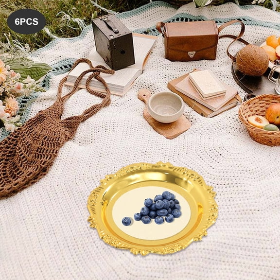 6PCS Snack Plates, Serving Tray, Round Restaurant Serving Trays, Towel Storage Dish Plate Tea Fruit Trays 4 Inch (Gold)