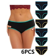 6PCS Soft Briefs Womens Low-Waist Panties Solid Color Patchwork Knickers Simple Underwear Casual Underpantsdeep green+blue+yellow hem L