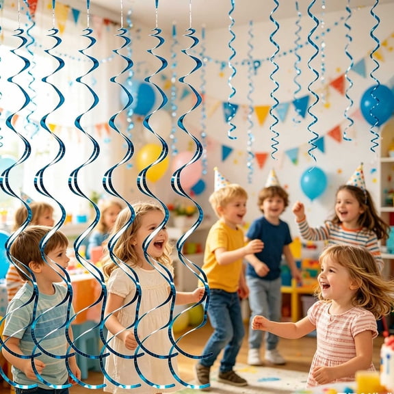6PCS Spiral Hanging Decor, Metallic PVC Ceiling Streamers, Party Swirl Decorations, For Birthday & Celebration, 31.5"(Blue)