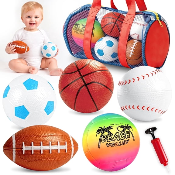 Caunedy 5Pcs Sport Balls Set, Small Soft Soccer Ball Basketball Baseball and Tennis Ball with Bag, Birthday Gifts for 1-3 3-5 5-8 Year Old