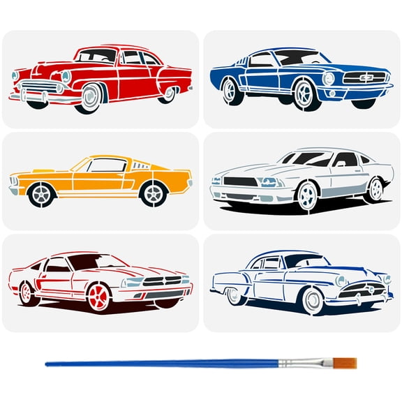 6PCS Sports Cars Stencils with 1Pc Plastic Paint Brush 11.8x5.9inch Classic Cars Drawing Template Transportation Stencil