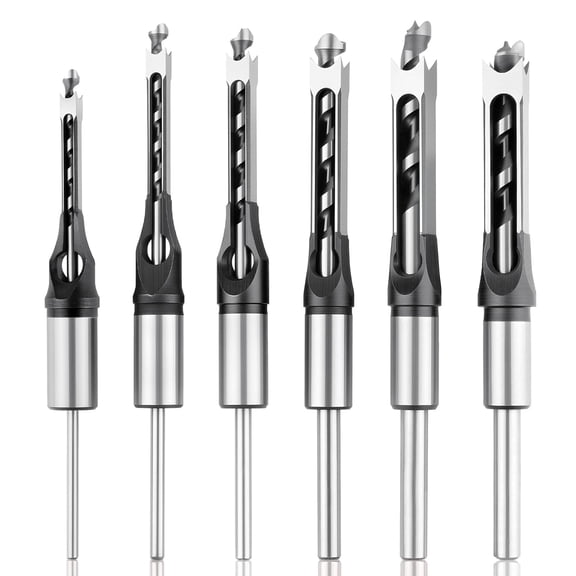 6PCS Square Hole Drill Bit Set for Mortise and Tenon Machine (Not Handheld), Bearing Steel Mortiser Bits - 5/8", 9/16", 1/2", 3/8", 5/16", 1/4"