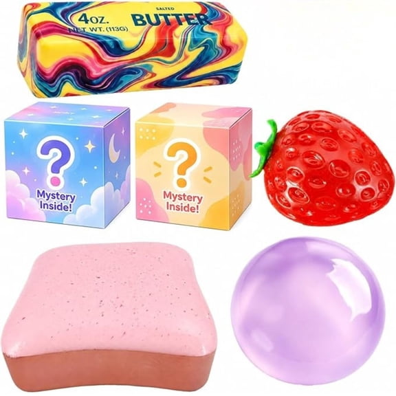 6PCS Squishy Box Sensory Fidget Toys & Squeeze Toys Butter Coconut Oil Bread Strawberry with 2 Surprise Squishy Box Sensory Fidget Set with Mixed Slow-rising Textures