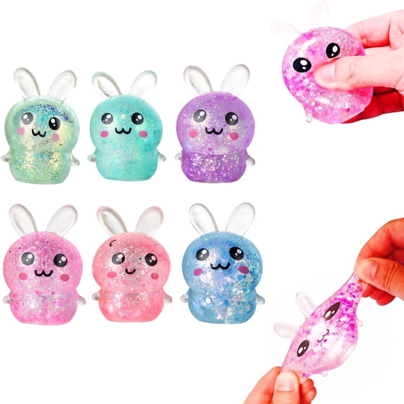6PCS Squishy Bunny Sugar Stress Balls, Bunny Sugar Ball Fidget Toys, Glitter Rabbit Squishy Toys for Adults, Kawaii Rabbit Sensory Squishies, Easter Basket Stuffers