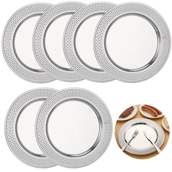 6PCS Stainless Steel Charger Plates, 13" Round Silver Platter Set, Sturdy Dinner Service Tray with Mirror Polished, Textured Edge, 0.6" High for Home Kitchen,Wedding Banquets & Party Catering