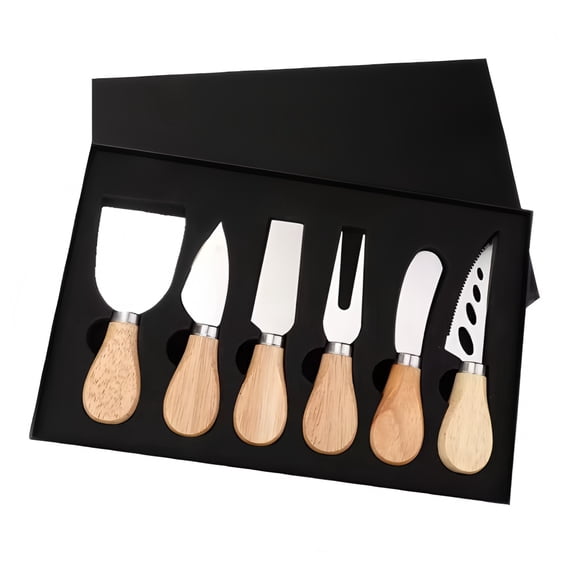 6PCS Stainless Steel Cheese Knife Set, Cheese Slicer Cutter and Fork Spreader, Oak Handle Kitchen Tools for Charcuterie Board Gift