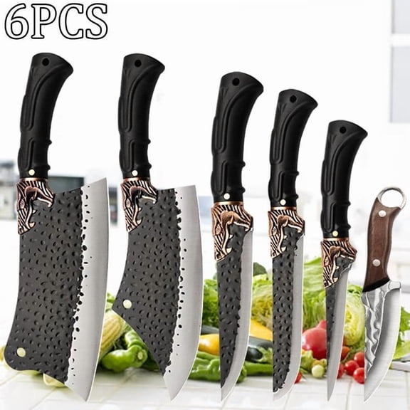 6PCS Stainless Steel Professional Kitchen Chef Knife Set Forged Handmade Meat Cleaver Butcher Knife Camping Knife Boning Utility Fish Vegetable Cutting Knife for Kitchen Convenience