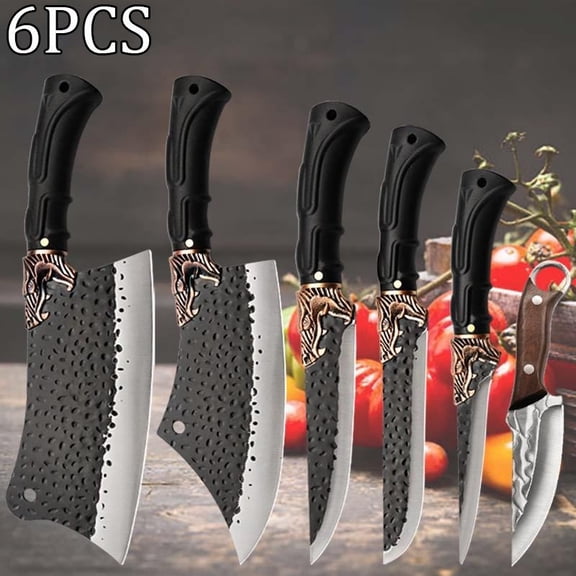 6PCS Stainless Steel Professional Kitchen Chef Knife Set Handmade Forged Knife for Kitchen Convenience Butcher Knife Meat Cleaver Boning Knife Fish Knife Camping Knife Cutting Knife Utility Knife