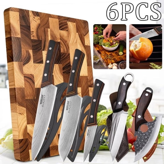 6PCS Stainless Steel Professional Utility Knife Multipurpose Forged Chef Knife with Easy-Grip Handle for Wood Chopping Cutting and Meat Cleaving Household Kitchen Cutting Board Set