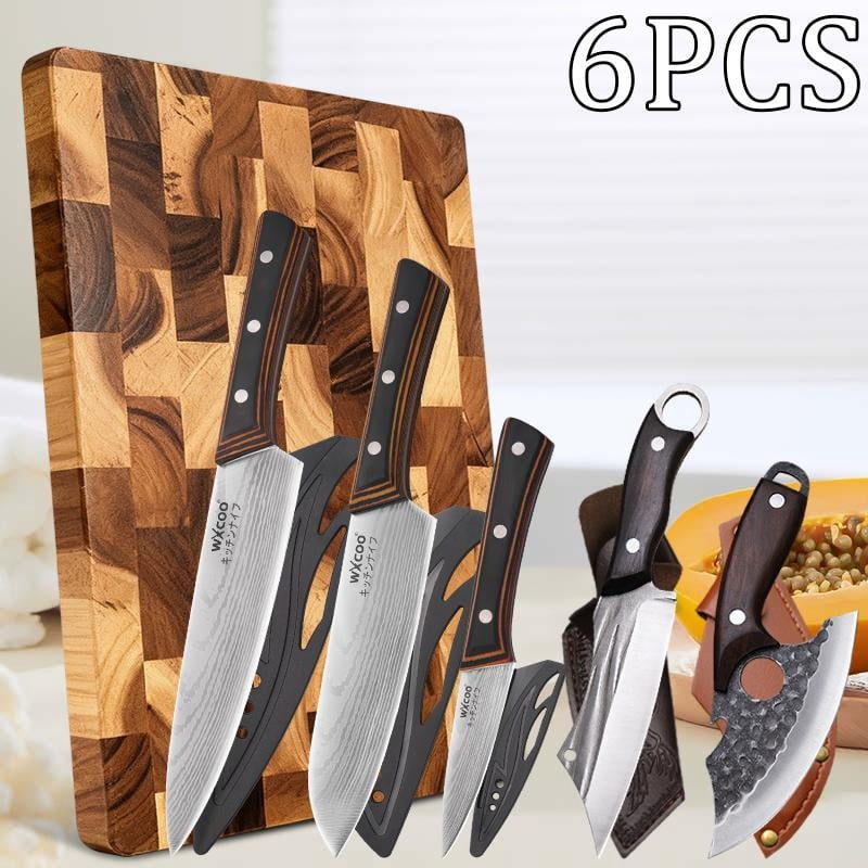 6PCS Stainless Steel Professional Utility Knife Multipurpose Knife Handmade Forged Chef Knife Kitchen Cutting Boards Set Chopping Cutting Board Household Cooking Tool Boning Knife Meat Cleaver High