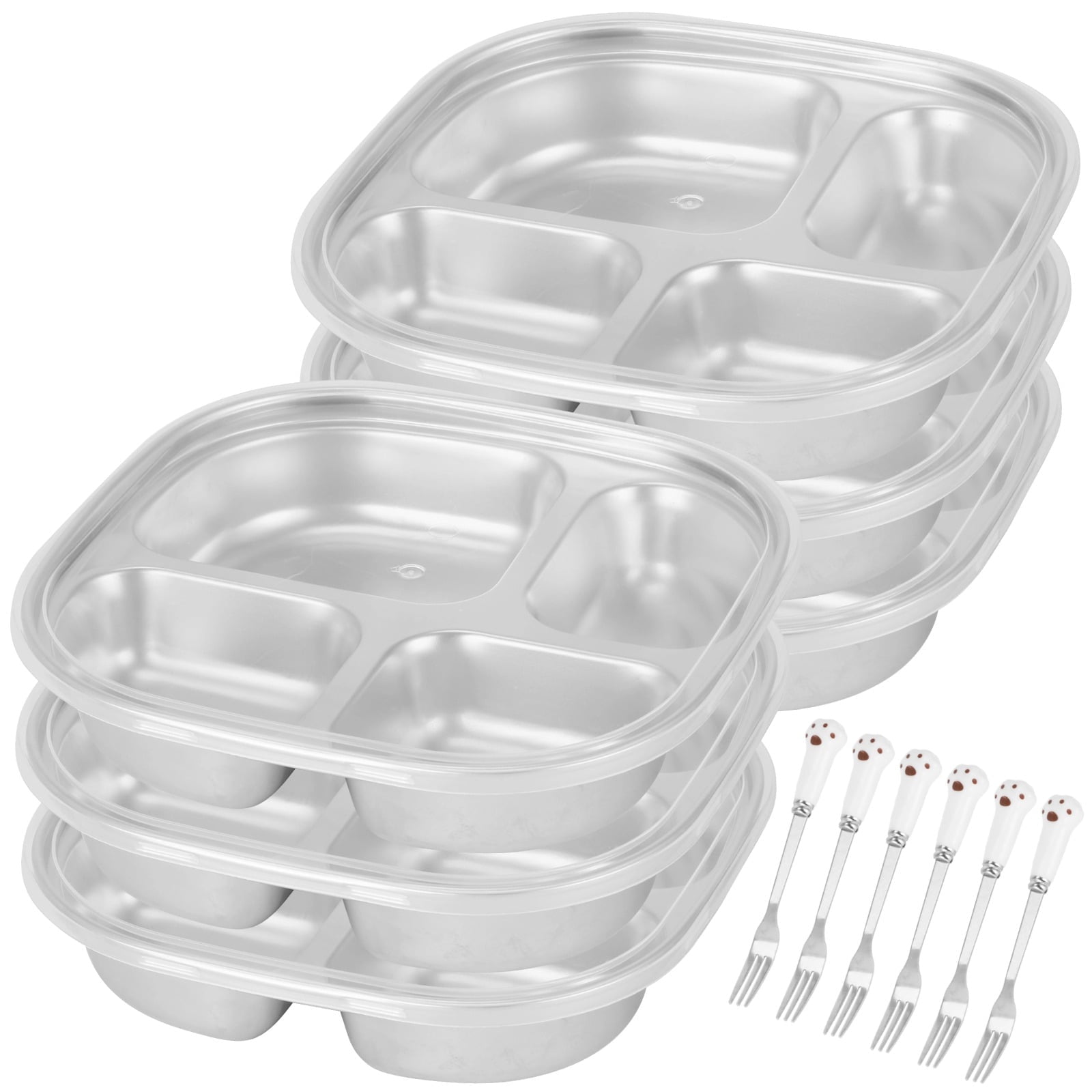 6PCS Stainless Steel Snack Containers, 4-compartment Bento Boxes with Lids & Forks, Deep Large Metal Lunch Trays, Stackable Divided Lunch Containers for Home, Office, Travel