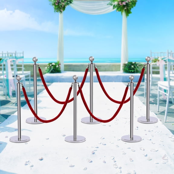 6PCS Stainless Steel Stanchion Post Set Queue Safety Crowd Control Barrier & Rope for Crowd Control at Grand Openings, Theaters, Museums