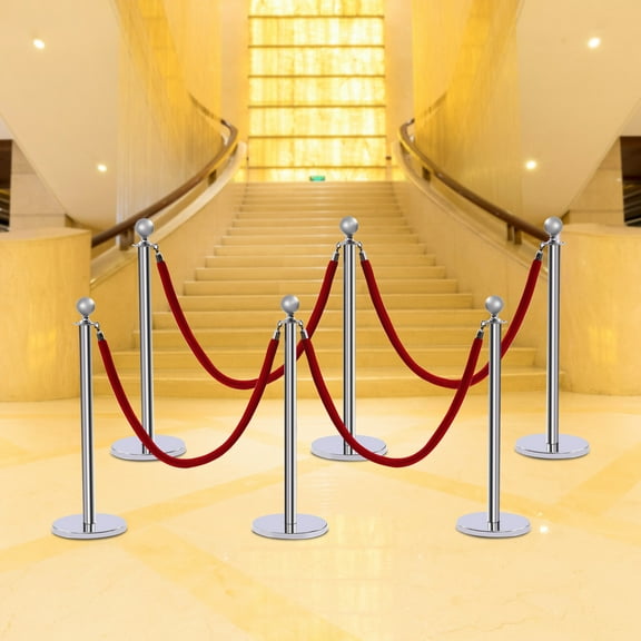6PCS Stanchion Posts Queue Barrier Crowds Control Silver w/ 5ft Red Velvet Ropes