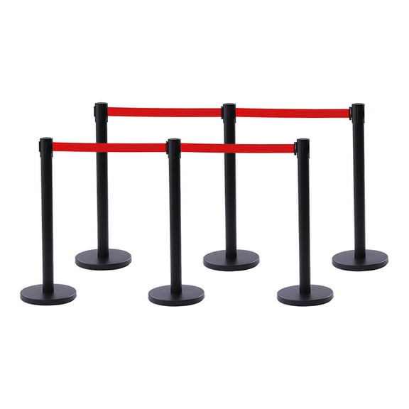 6PCS Stanchion Posts W/ Retractable Belt Crowd Control Queue Pole Barrier Black