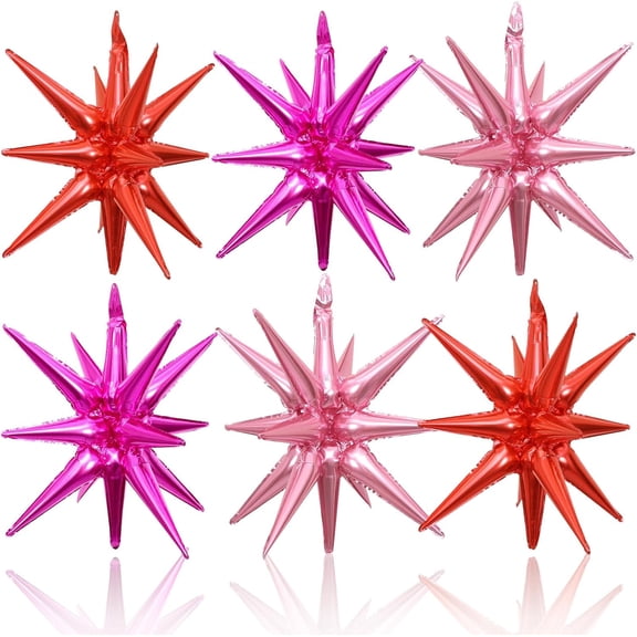 6PCS Star Balloons, 22Inch Huge Hot Pink Red Pink Explosion Star Balloon Foil Spike Cone Balloons for Girls Women Birthday Bridal Shower Valentine's Day Party Decorations