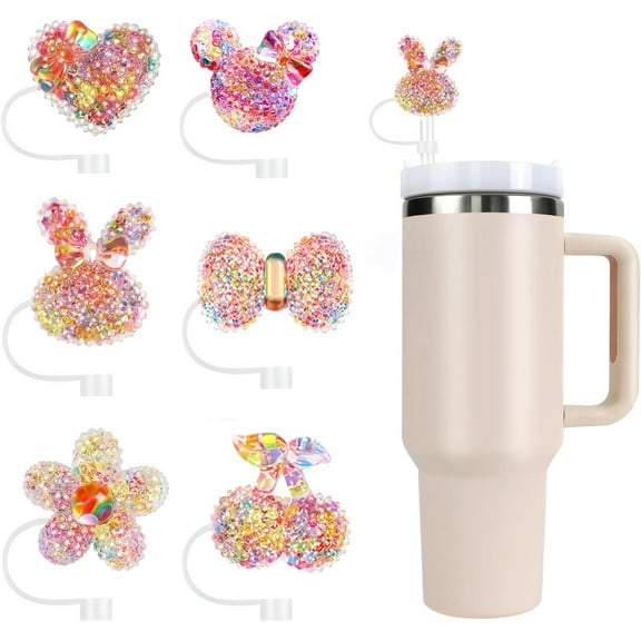 6PCS Straw Cover Cap Glitter Toppers for Stanley Cup, Reusable Tumbler Accessories Compatible with 10mm Straw, Funny Gifts for Women & Girls
